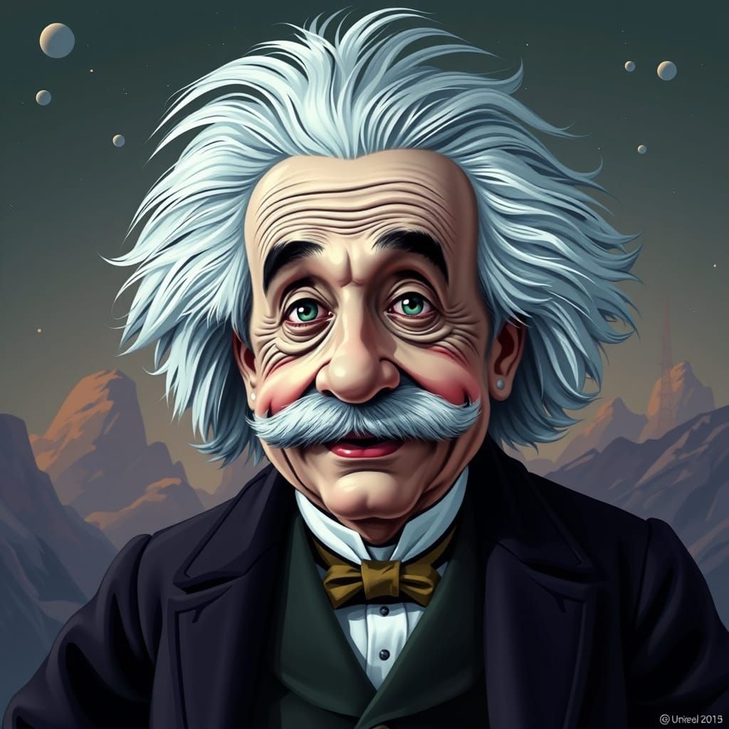 Humorous Caricature of Albert Einstein in Detailed Matte Pai...