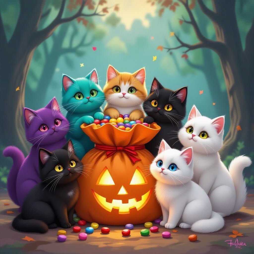 Eight Colorful Cats Gather Around Halloween Candy Bag