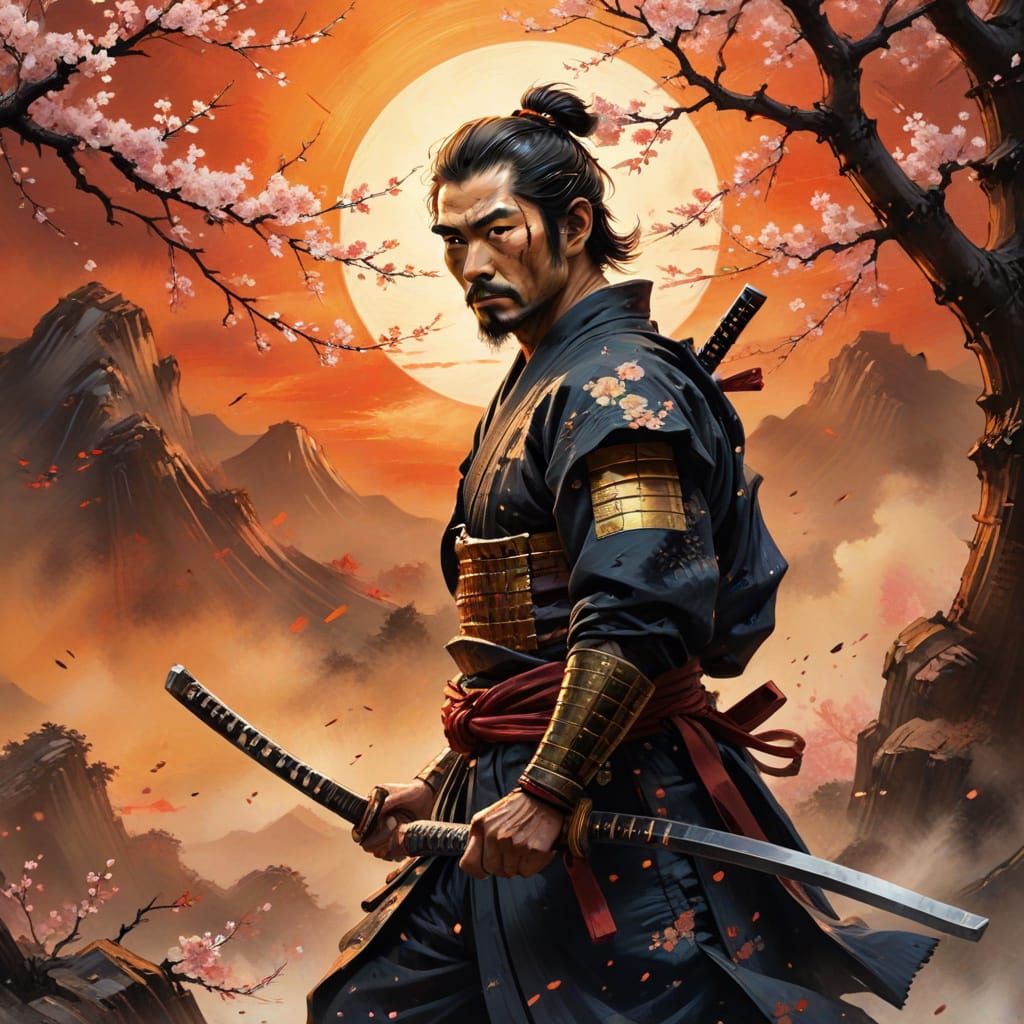 Samurai Silhouette Against Fiery Sunset in Ink Painting Styl...