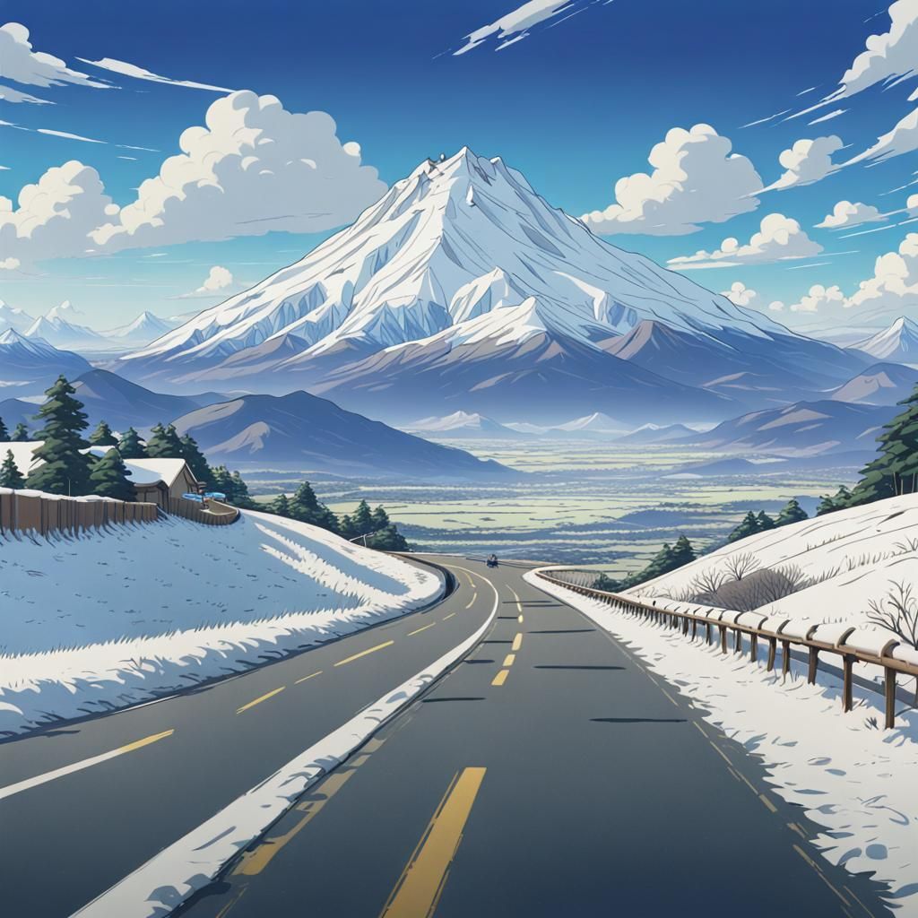 Snowy Highway to Mountains in Anime Style