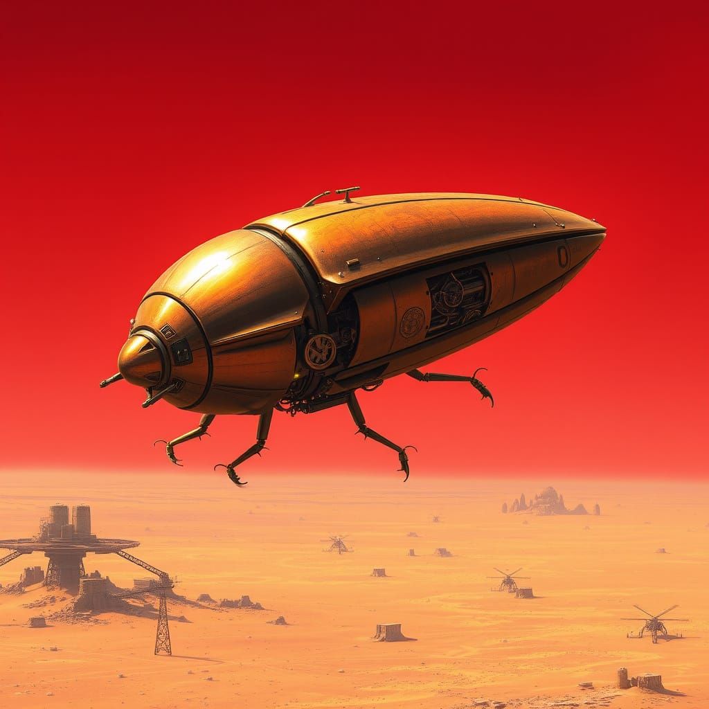 Fantastical Brass Airship Soars Over Crimson Desert