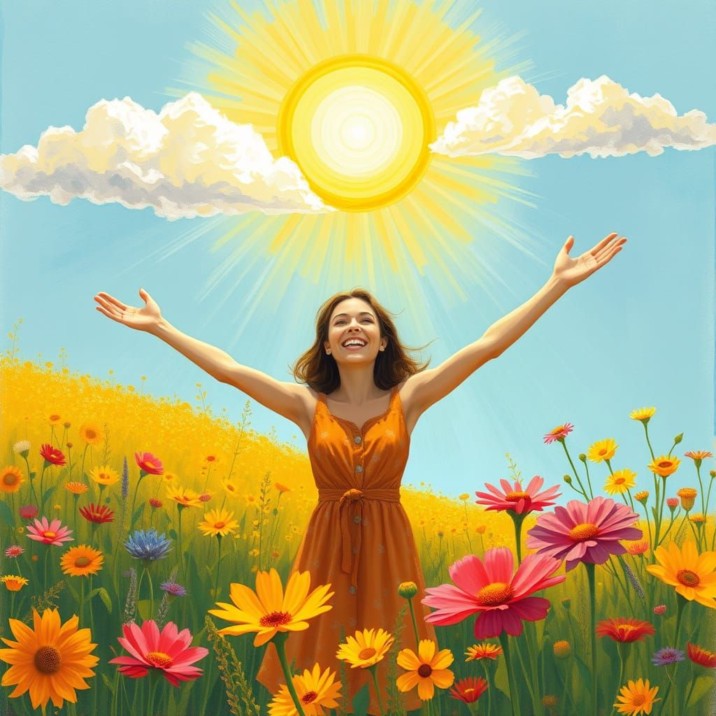 Warmth of Joyful Woman in Sunlit Wildflower Field