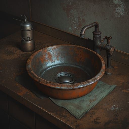 Heavily Rusted Faucet and Sink in Hyperrealistic Photo