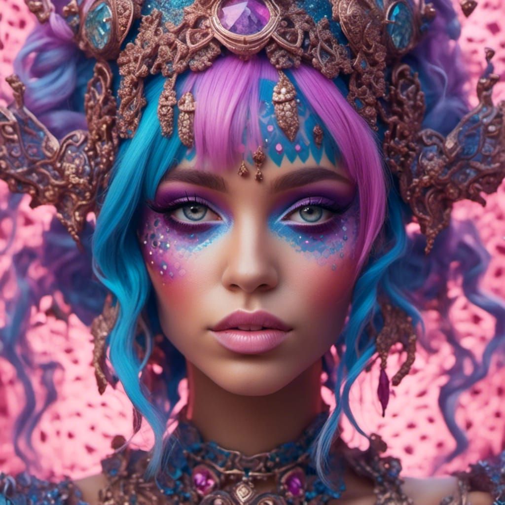 Beautiful Woman with Colorful Hair and Henna Tattoos