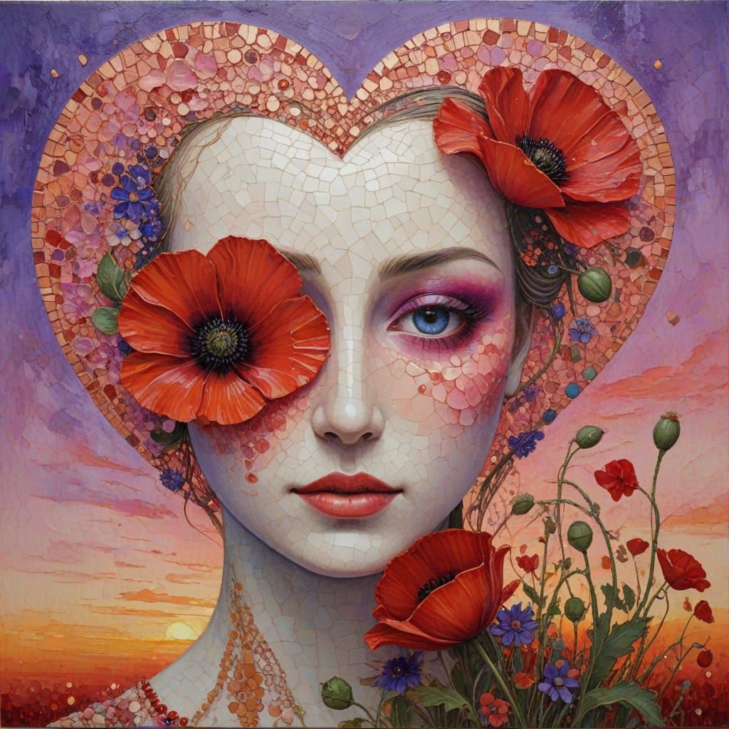 Surreal Poppy Heart Portrait in Impasto Style