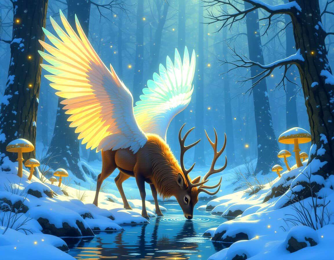 Winged Deer in Magical Forest, Digital Art