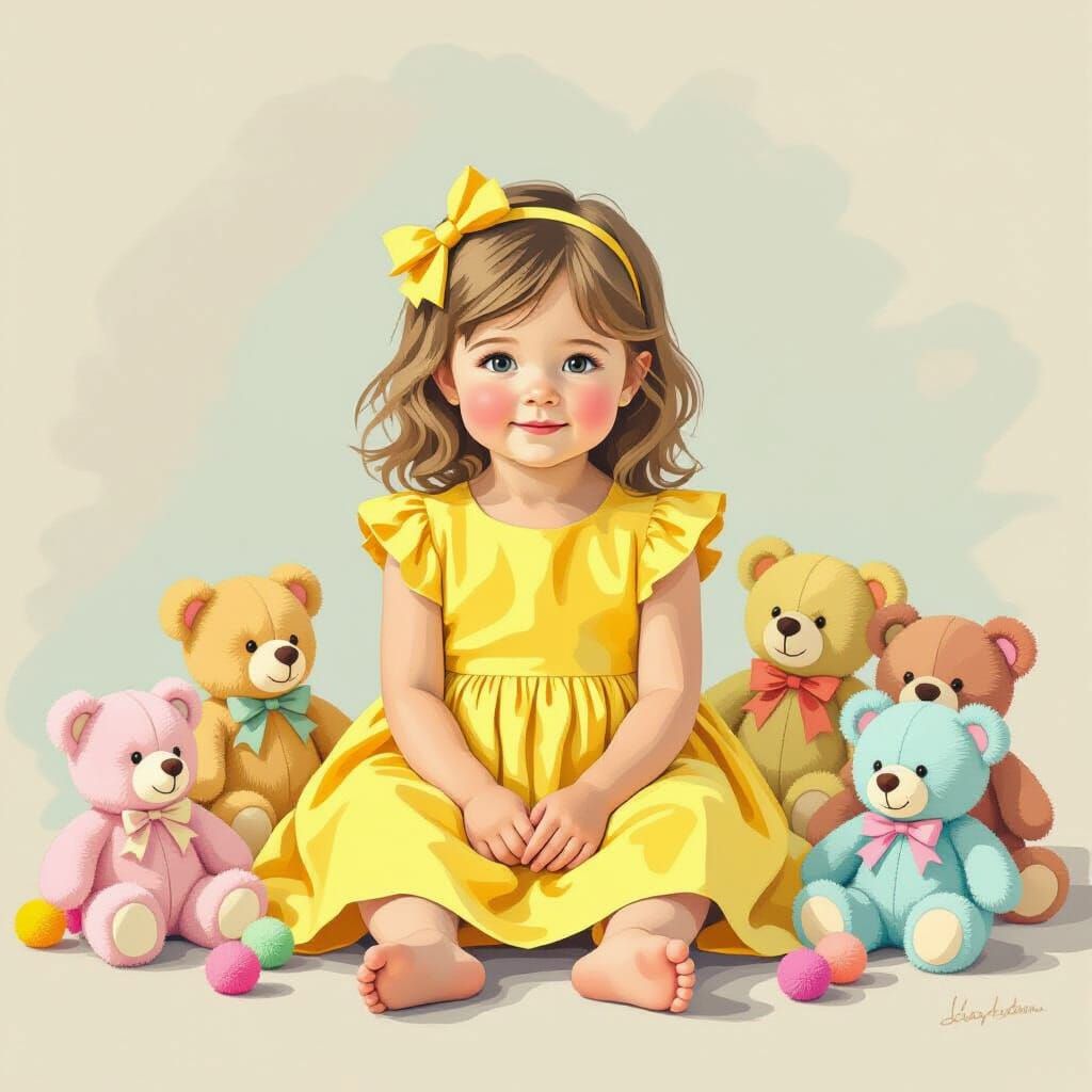 Girl with Pom Pom Bears in Beatrix Potter Style