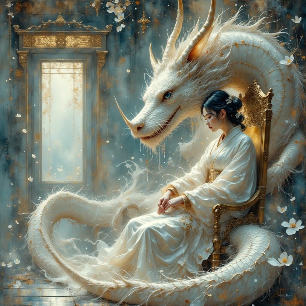 Serene Japanese Fantasy Scene with Woman and Dragon