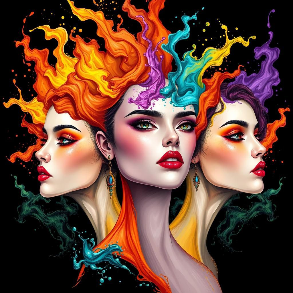 Colorful Abstract Female Portrait with Acrylic Paint