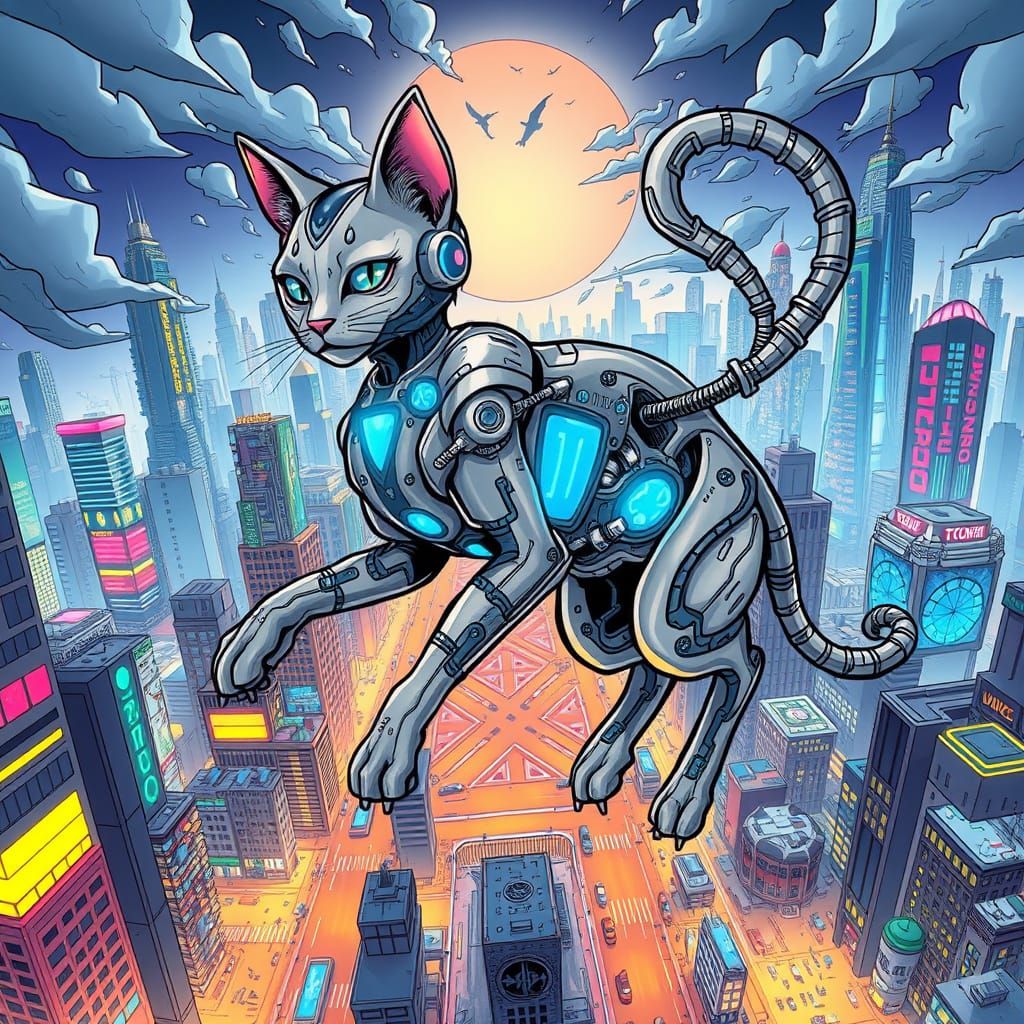 Biomechanical Feline Dominates Cyberpunk Metropolis