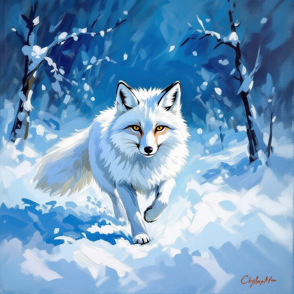White Fox in Snowstorm Oil Painting