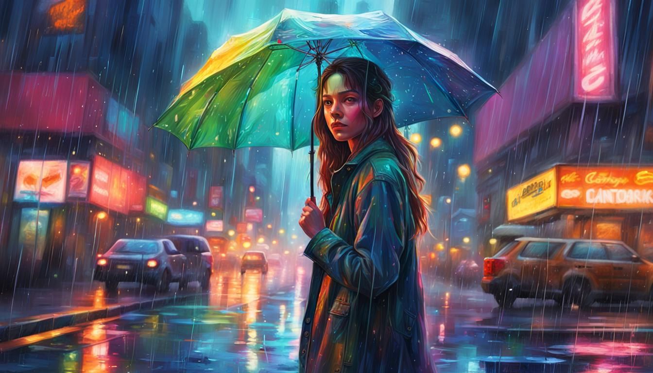 Neonpunk Girl Walking in Summer Rain