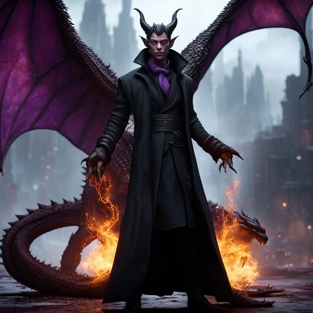 Dragon Tiefling Sorcerer in Black Trenchcoat