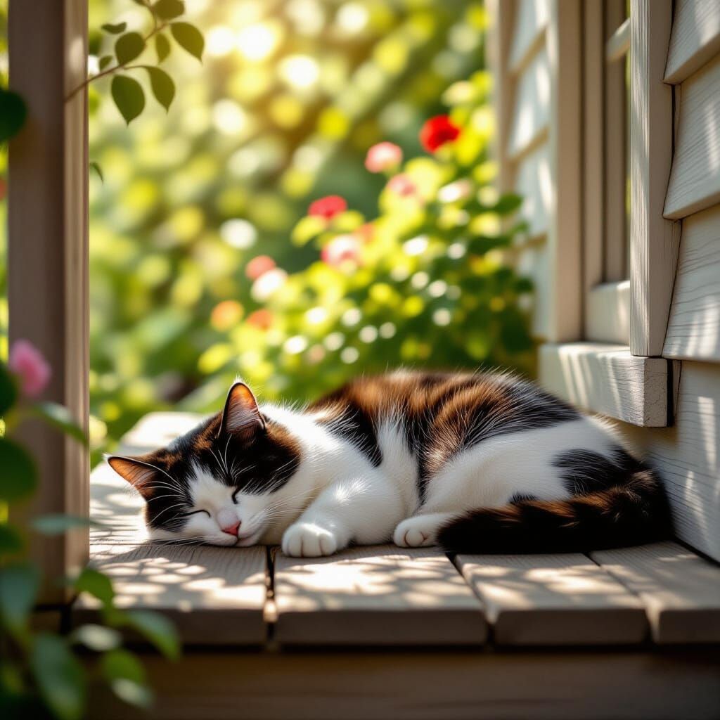 Cat Napping on Porch in Dappled Sunlight