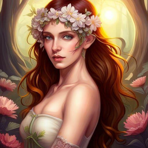 Enchanted Fairy Girl in Woodland, Art Nouveau Style