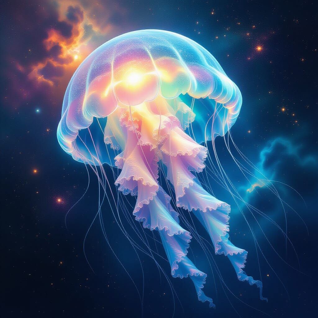 Bioluminescent Jellyfish Drifting Through Cosmic Nebula