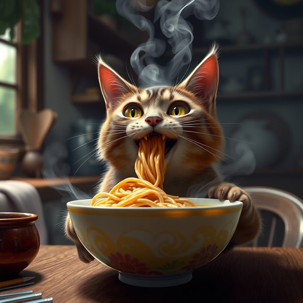 Cat's Noodle Delight: Detailed Matte Painting