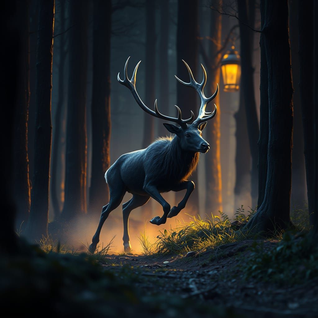 Ethereal Black Stag Runs Through Dark Fantasy Forest