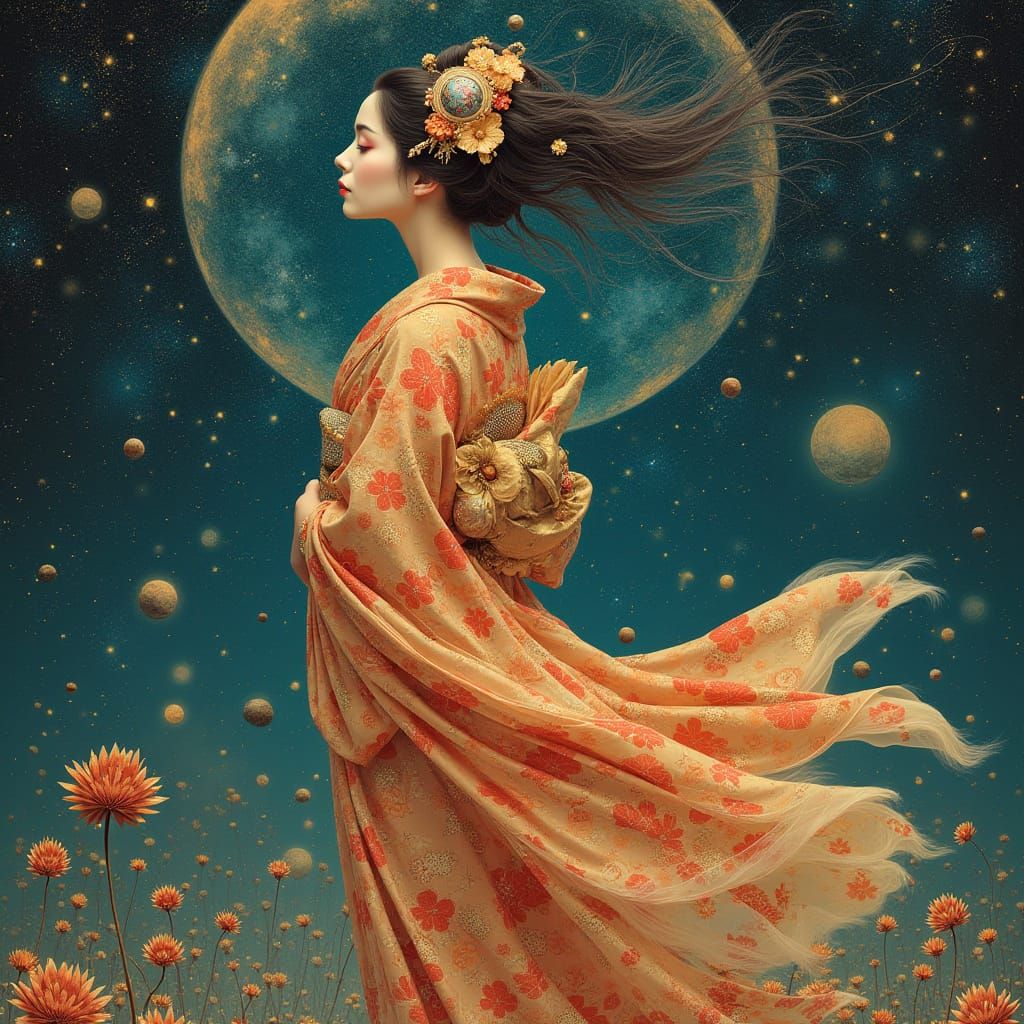 Celestial Geisha in Art Nouveau Cosmic Style