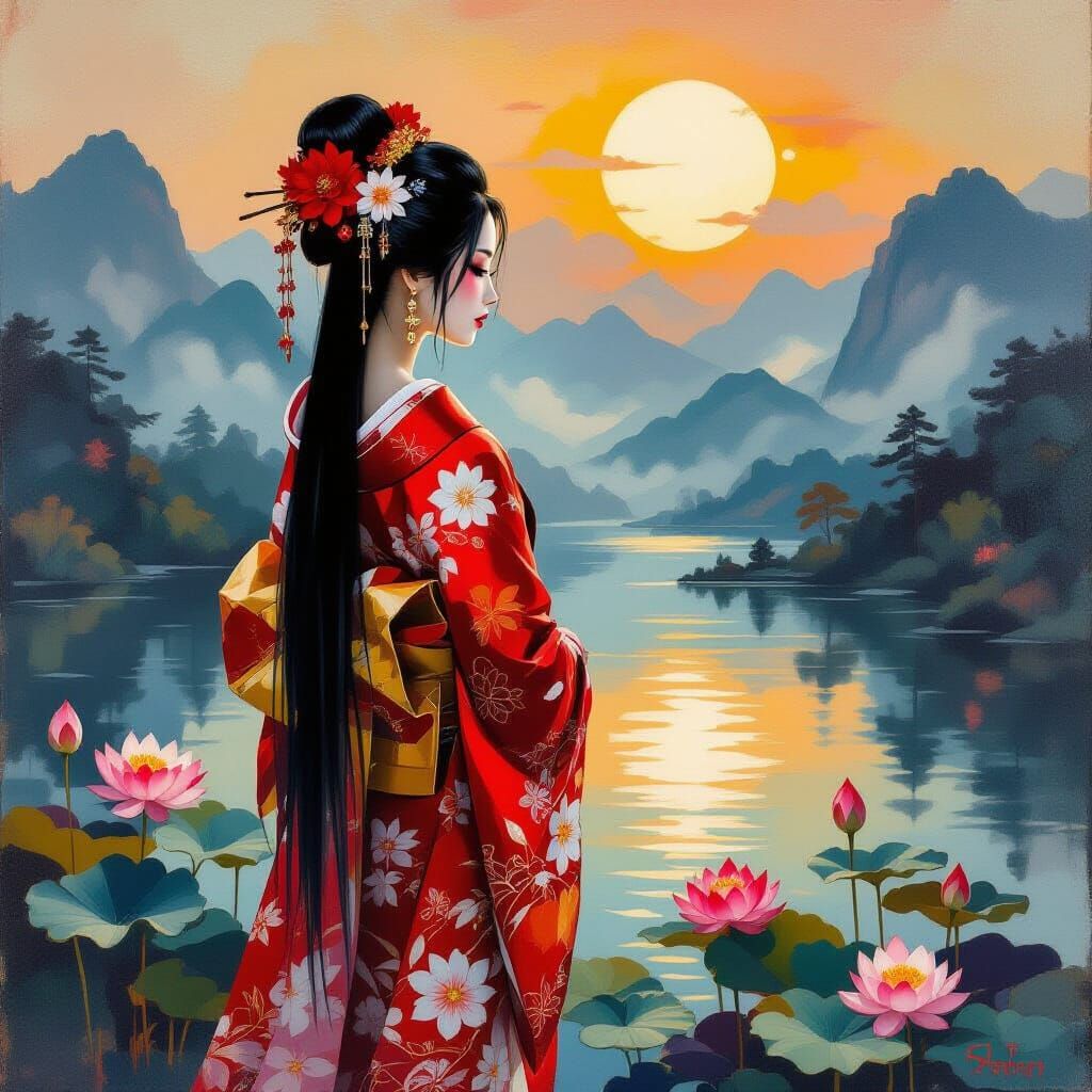 Geisha by Lotus Pond in Neo-Impressionist Style