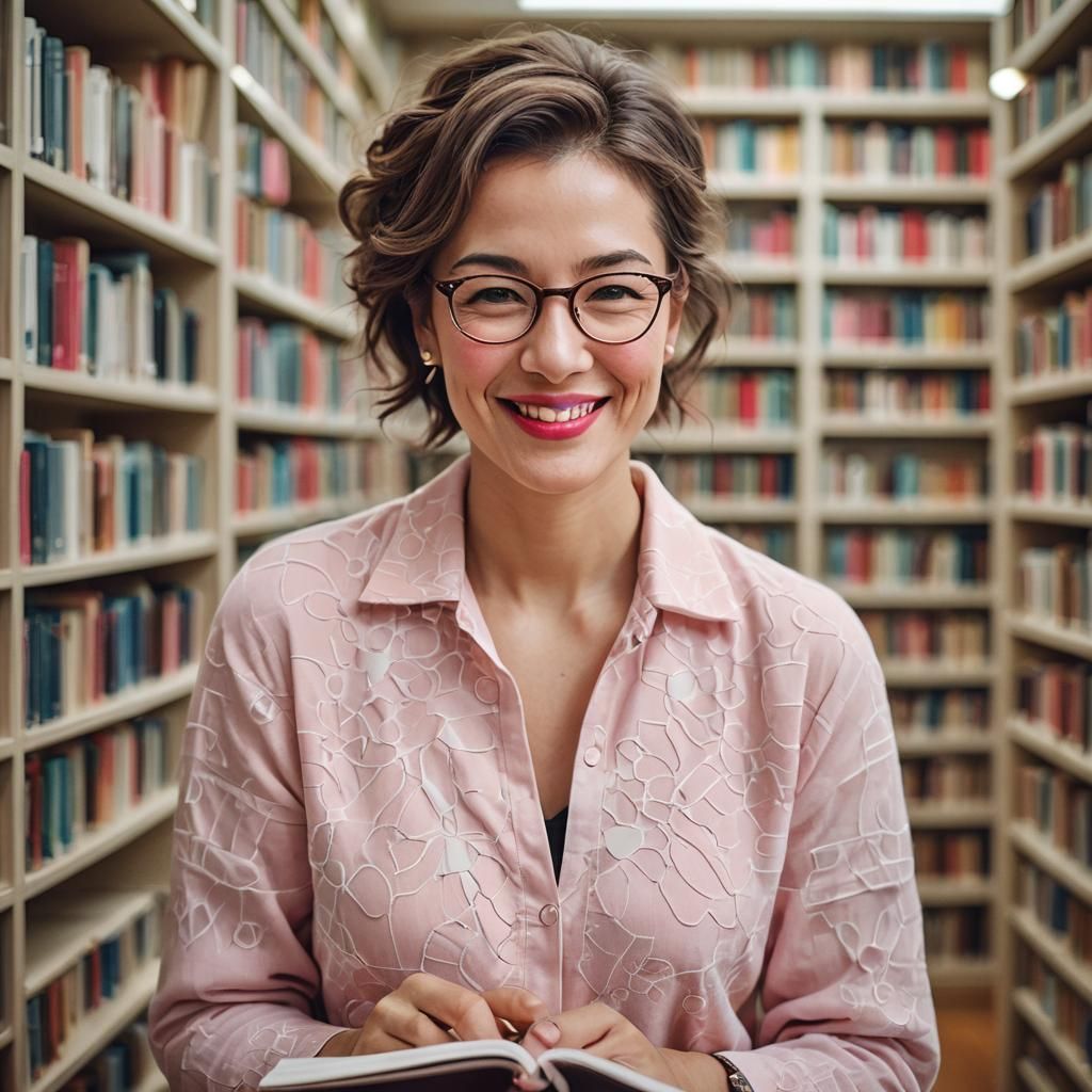 Woman with Glasses Smiling in Library Portrait