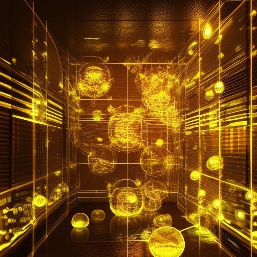 Glowing Water Orbs in Transparent Box: Digital Art