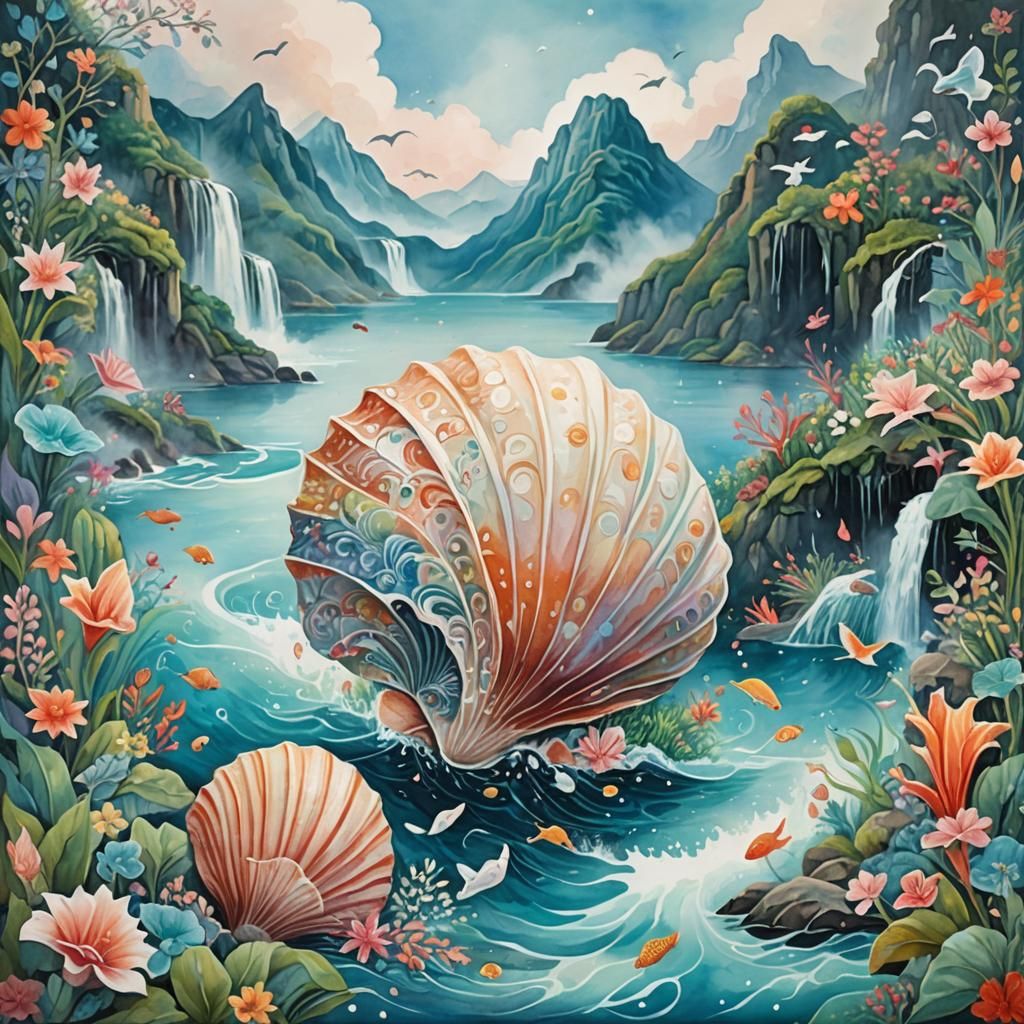 Seashell Paradise: A Surreal Gouache Fantasy