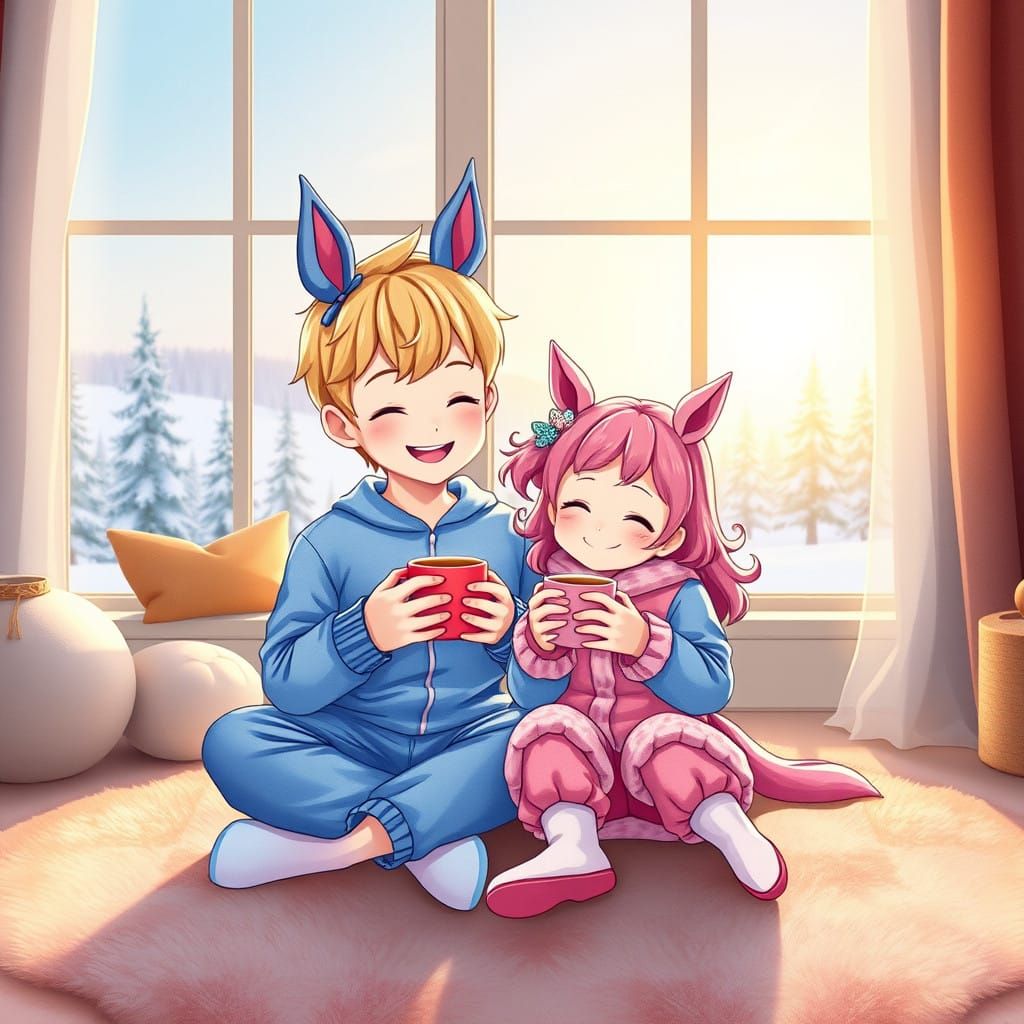 Whimsical Winter Morning Hug between Anime-Inspired Siblings