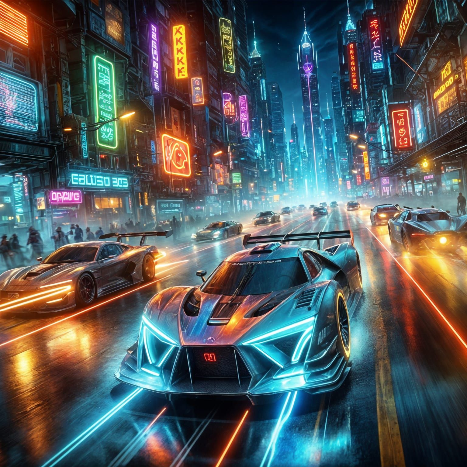 Futuristic Car Race in Cyberpunk Neon City