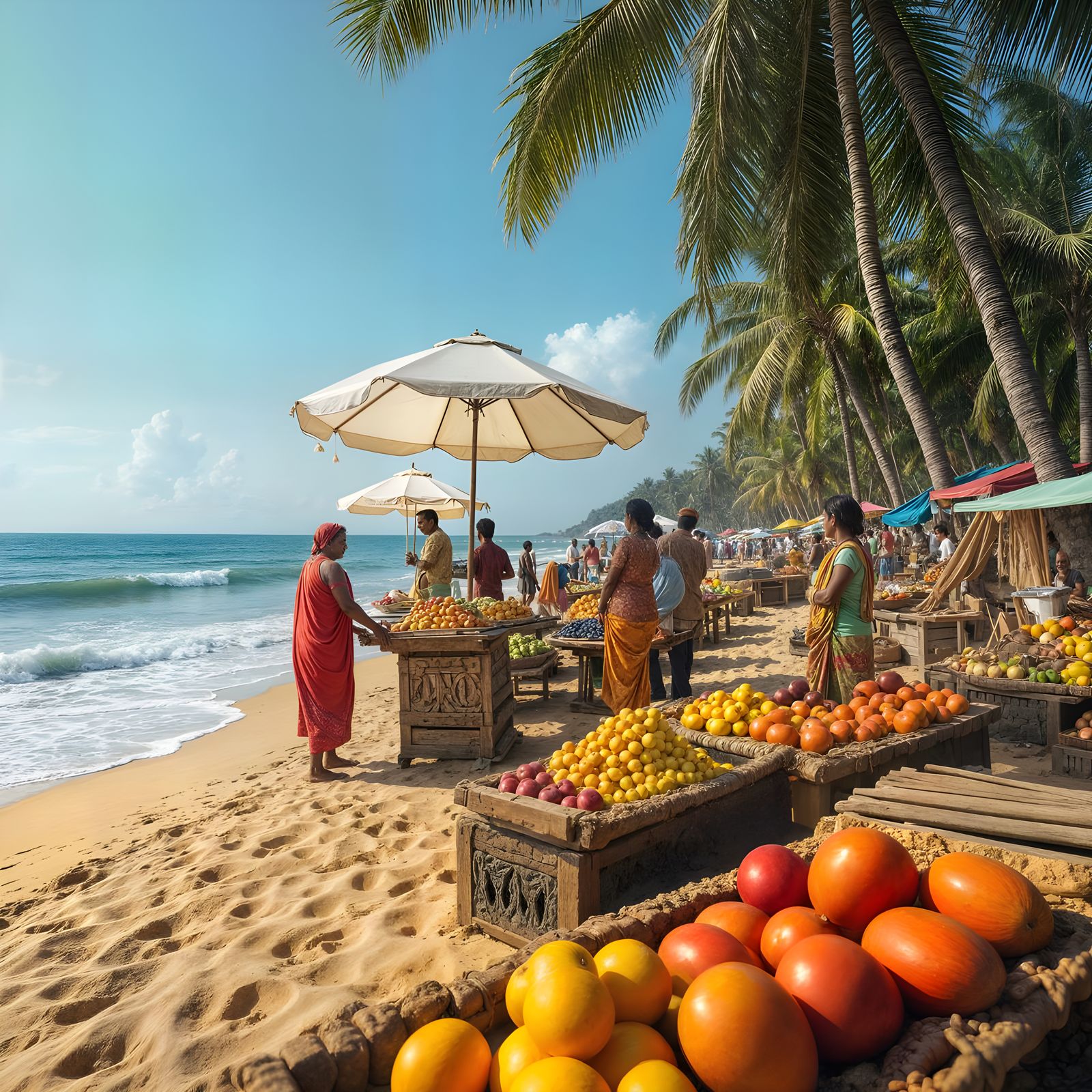Goa Beach Scene with Fruit and Craft Vendors