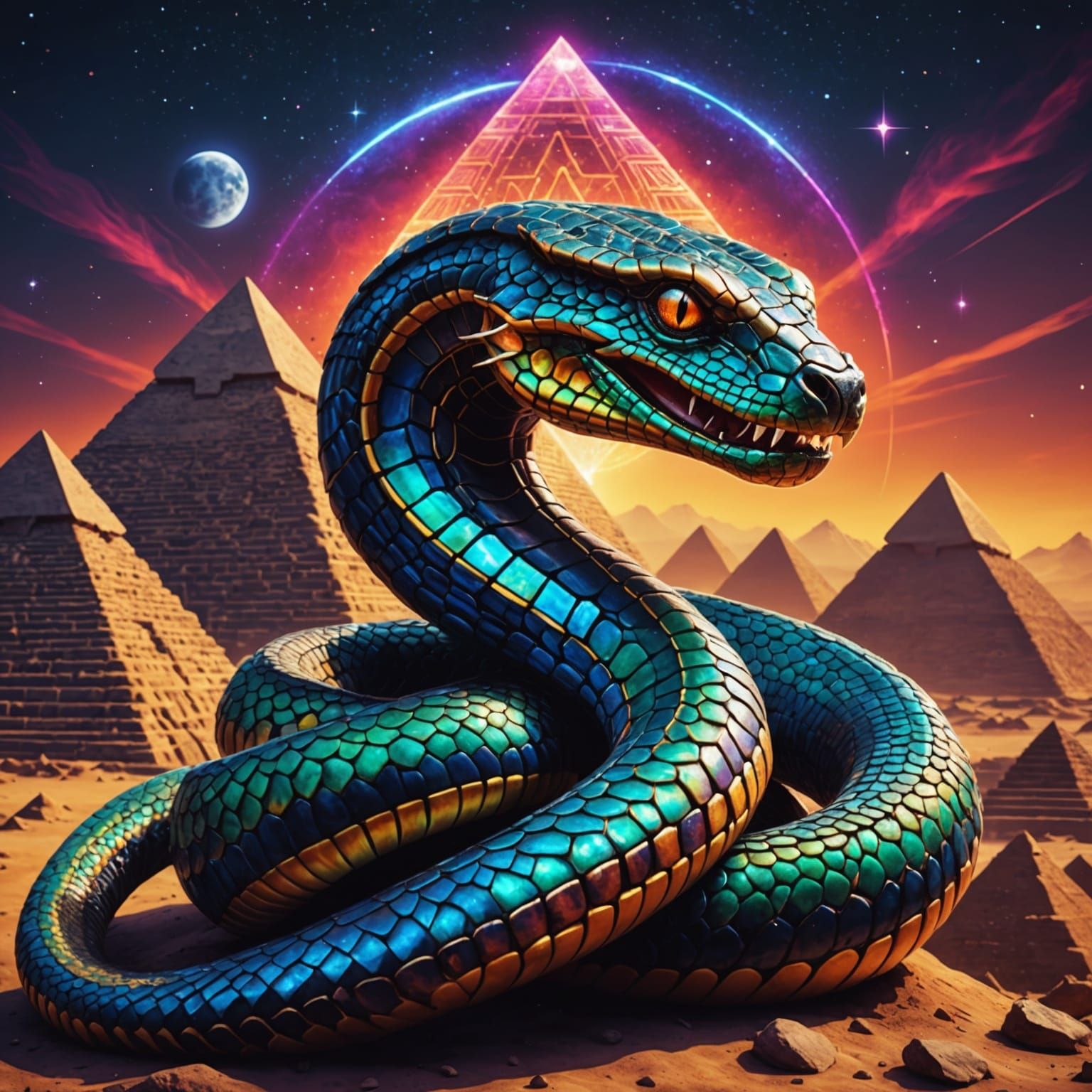 Ornate King Cobra in Front of Pyramids