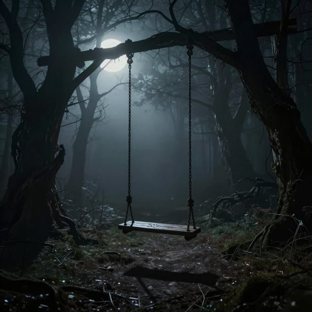 Eerie Forest Swing in Moonlight - Dark Fantasy Concept Art