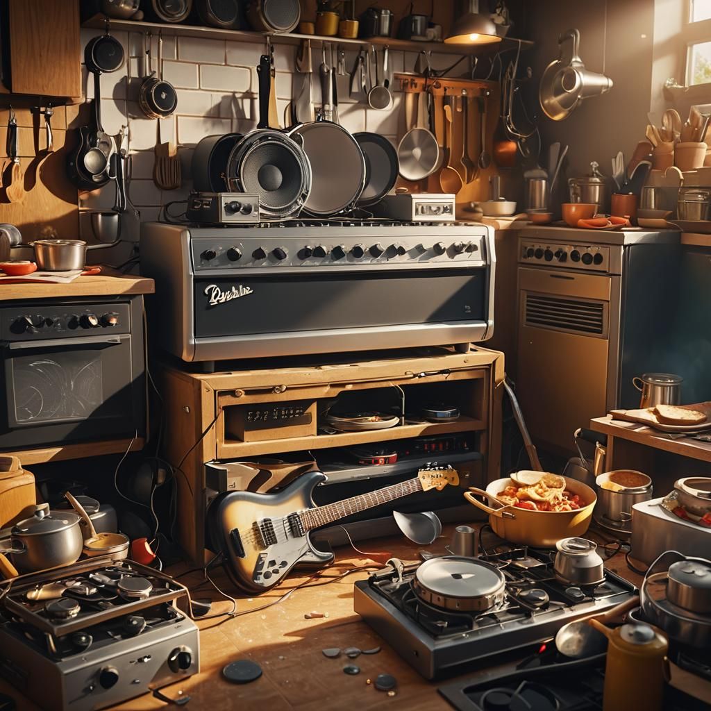 Guitar Amplifier Dominates Kitchen: Cinematic Digital Painti...