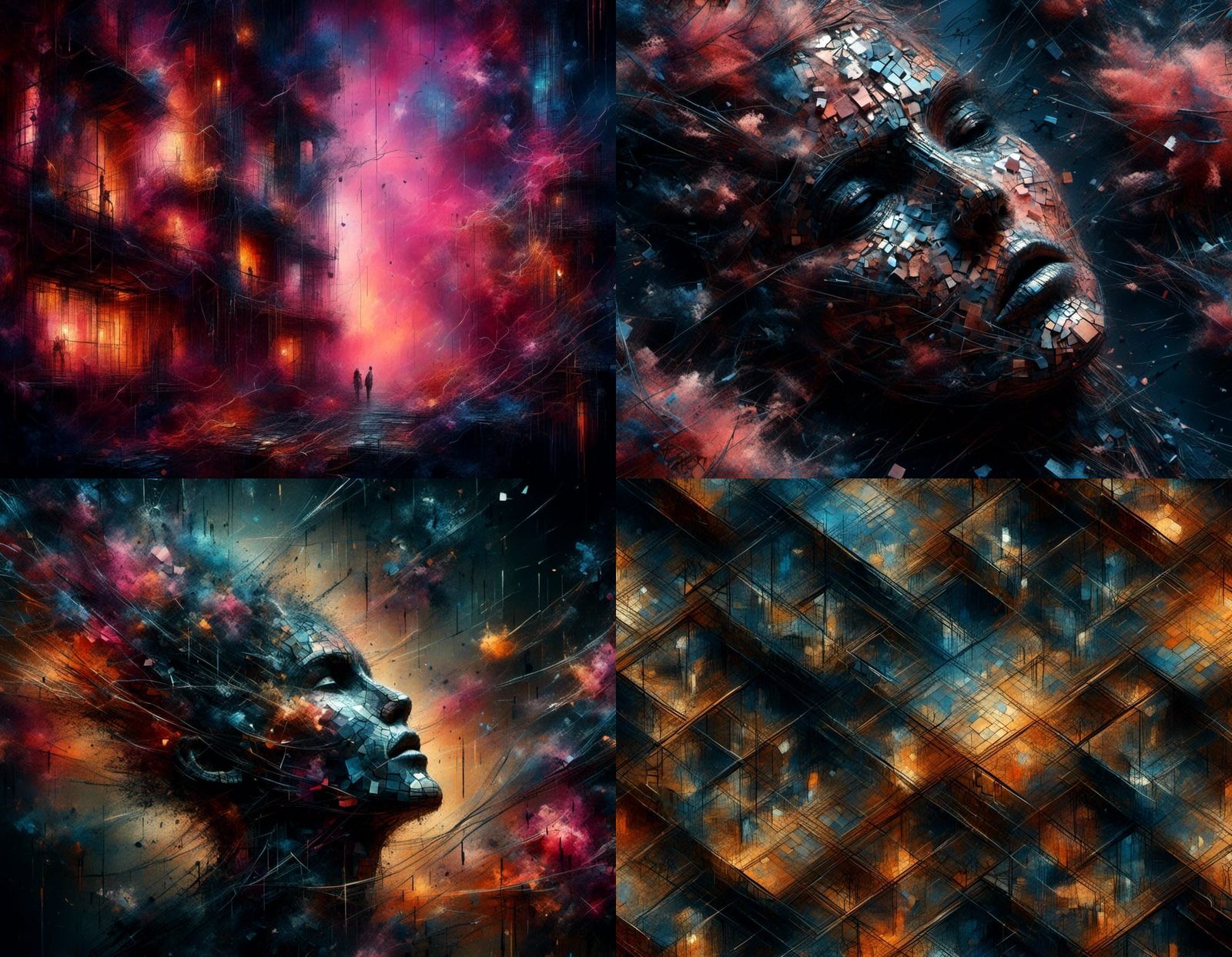 colorful panels floating in a dark room with side lighting
