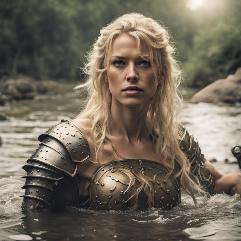 Blonde Warrior Woman Bathes in River