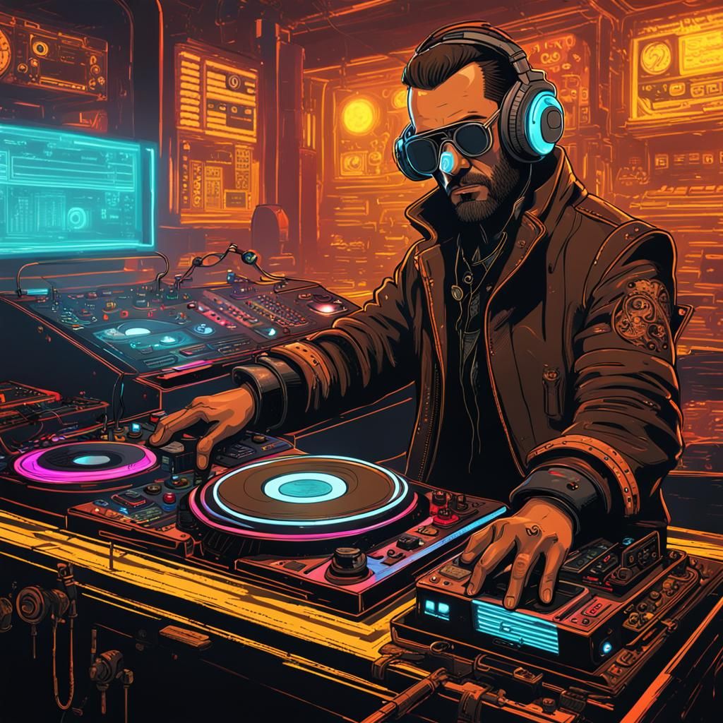 Steampunk DJ in Cyberpunk Neon City