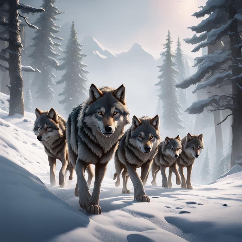 Wolf Pack Family in Snowy Landscape: Matte Painting