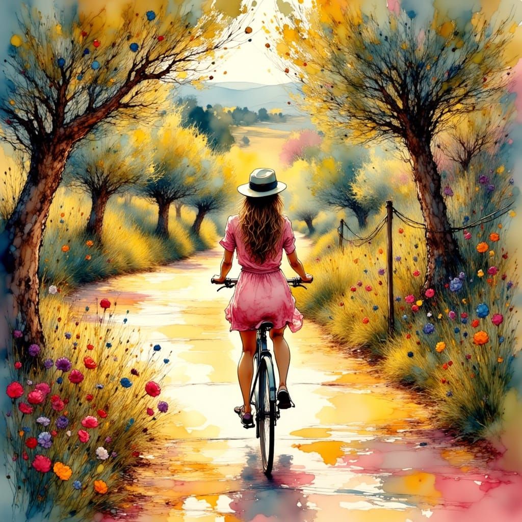 Woman Biking on Italian Road in Golden Light, Impressionist ...