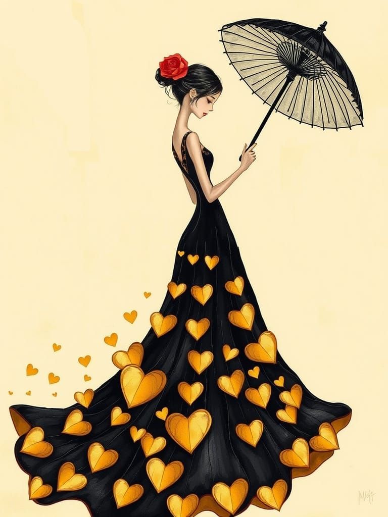 Stylized Woman in Flowing Dress with Hearts