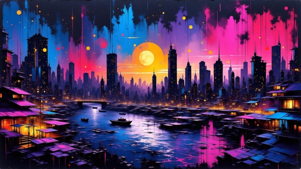 Vibrant Neon Metropolis Graffiti Art at Night