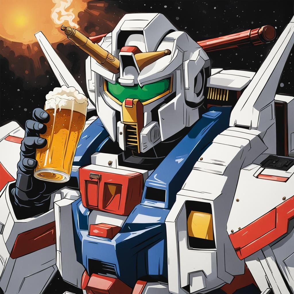 gundam drinking a beer and smoking a cigar, full colour h.r....