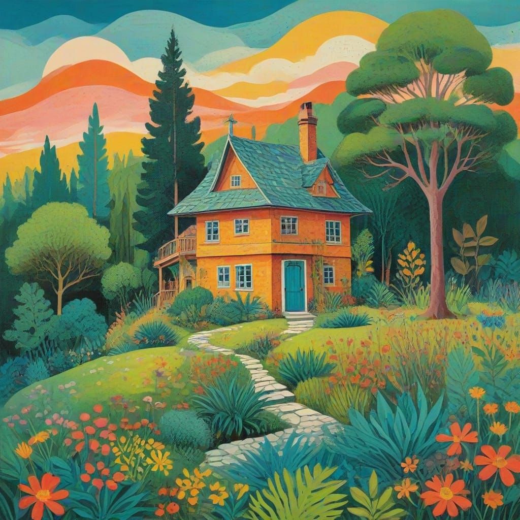 Whimsical Cottage in a Dreamlike Risograph Landscape