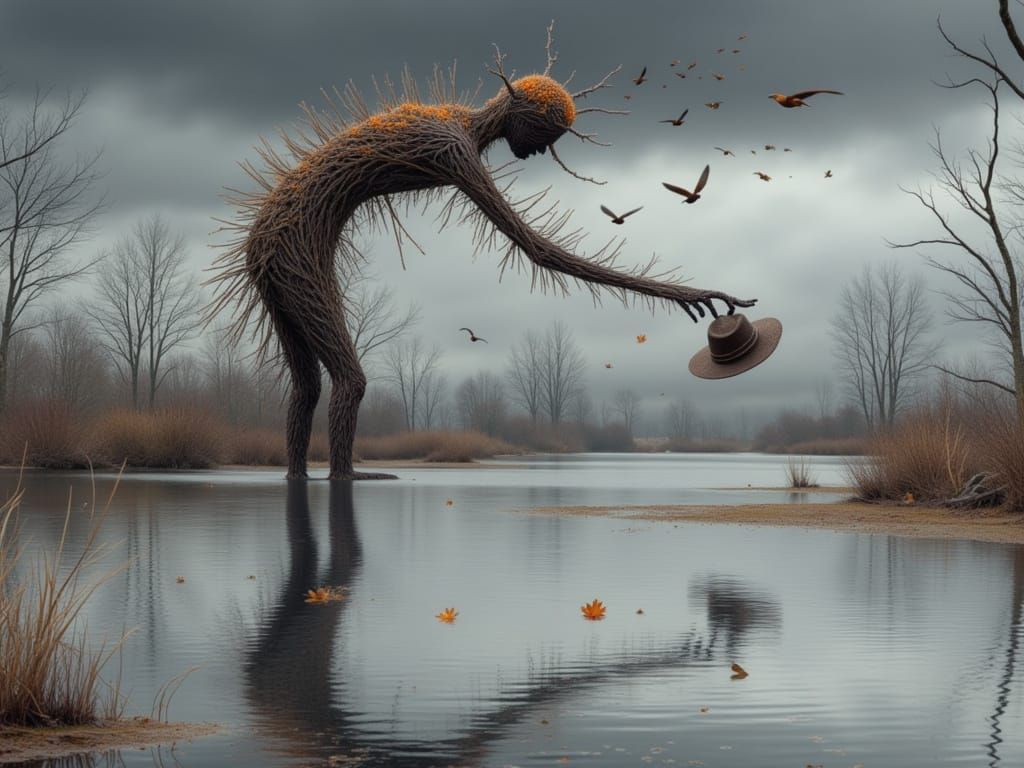 Stretchy Man Saves Hat from Pond in Surreal Autumn Scene