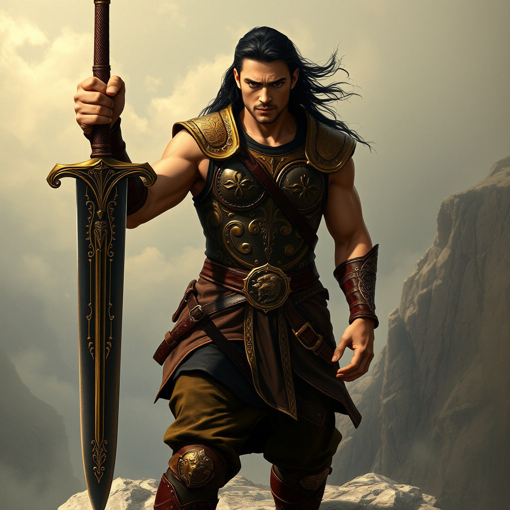 Celtic Warrior Prince with Sword on Windswept Cliff