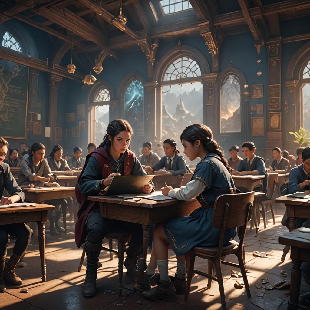 Girl Gazing in Class: Detailed Matte Painting