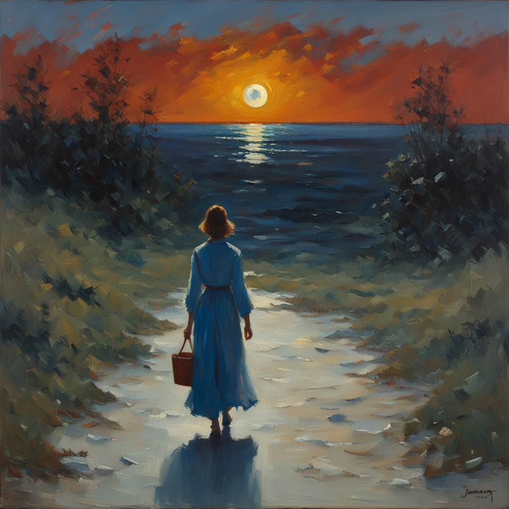 Woman Walking in Moonlight: An Oil Painting