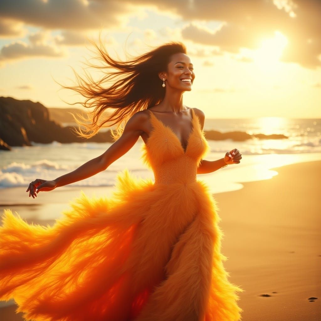 Radiant Woman in Extravagant Gown Dances on Beach