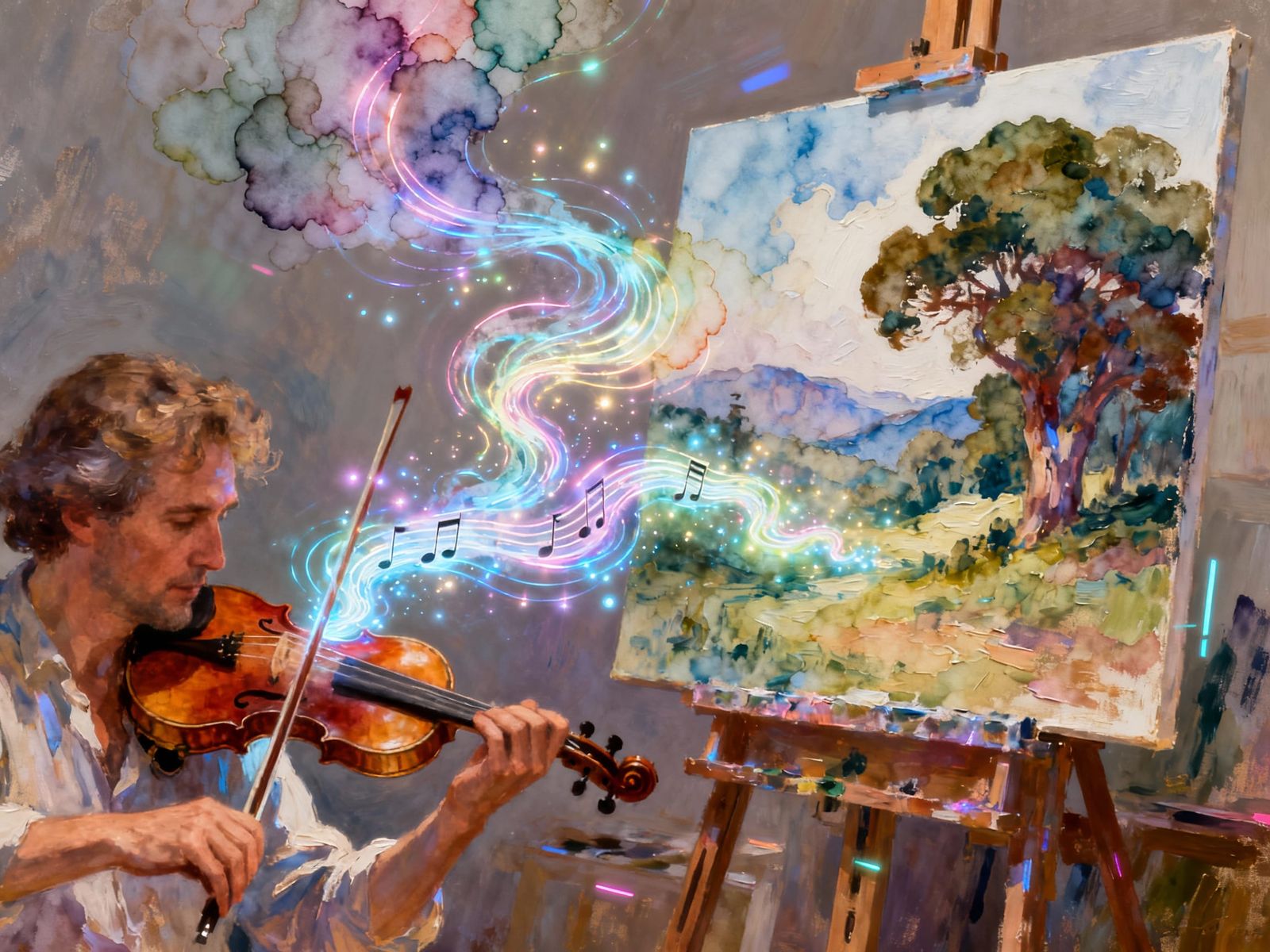 Artist Plays Violin, Music Becomes Luminous Swirls