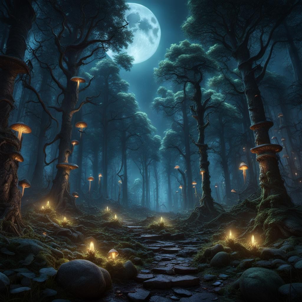 Mystical Forest with Glowing Runes in Moonlight
