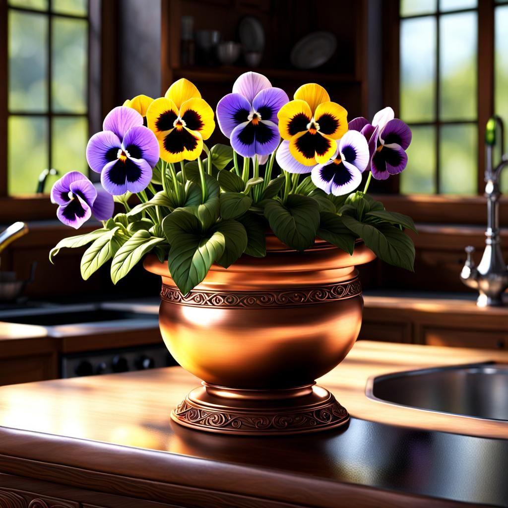 Pansies in Copper Pot: Detailed Still Life